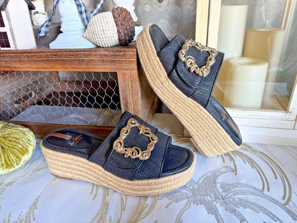 Sam Edelman Celia Raffia Gold Buckle Platform Slide Black Sandals Shoes Sz 7.5